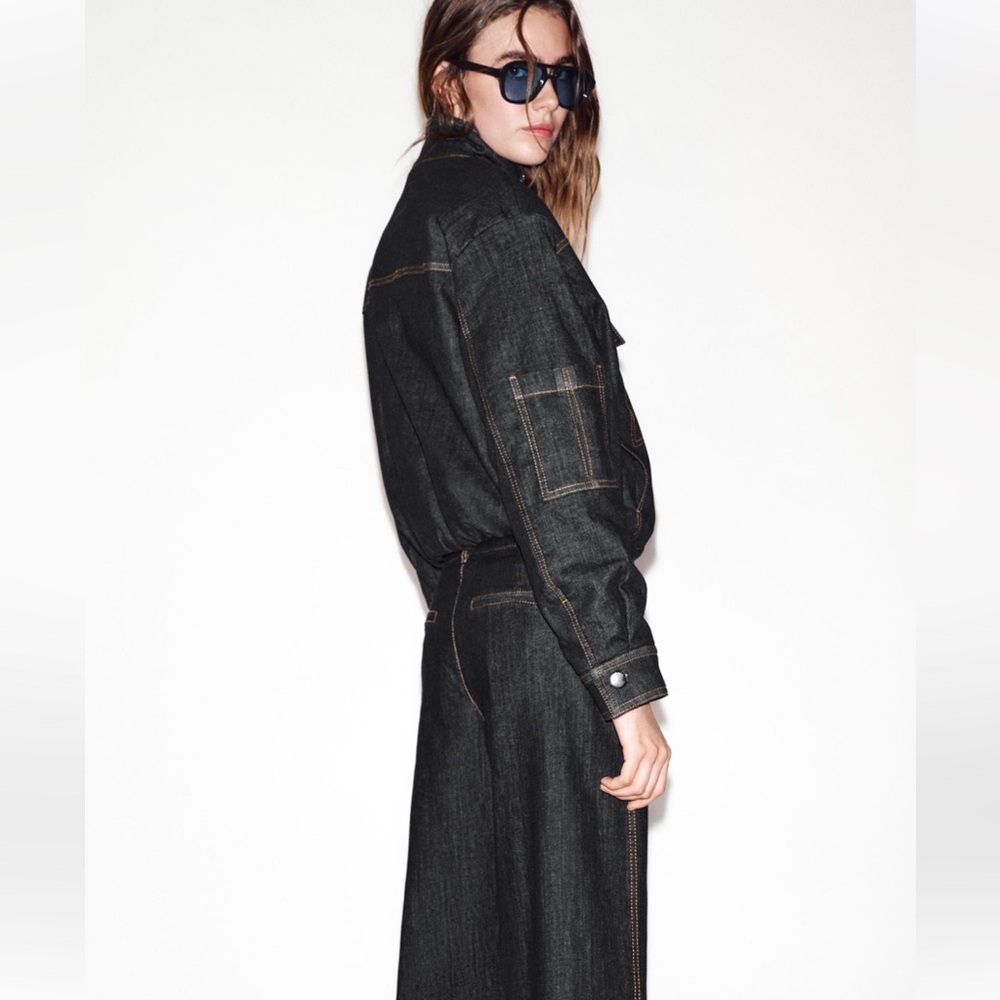 NWT ZARA Dark Wash Oversized Jean Jacket Big Front Patch Pockets Rigid Cotton S - Picture 2 of 12